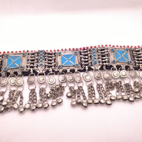 Turquoise Choker Necklace, Afghan Choker with Stones and Silver Beads, Kuchi - Picture 4 of 5